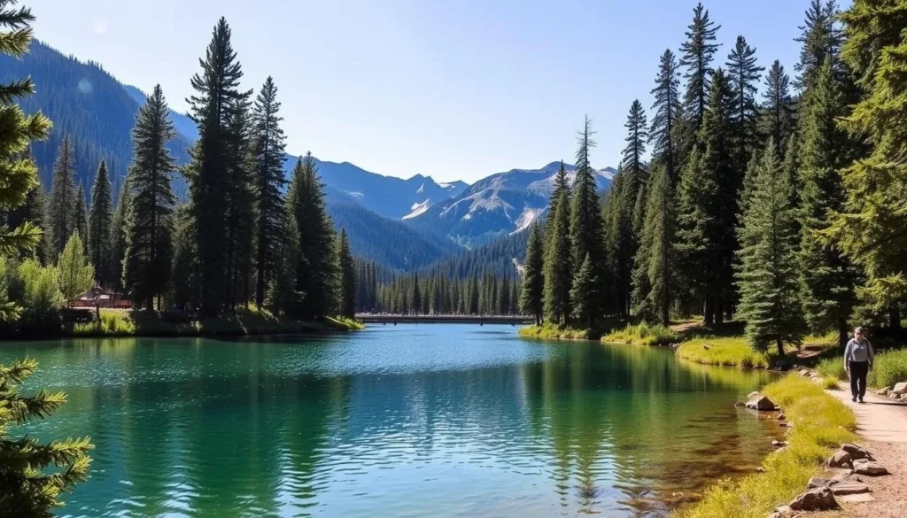 A tranquil mountain lake surrounded by lush evergreen forests, with the majestic peaks of the Rocky Mountains serving as a breathtaking backdrop. Sunlight filters through the trees, casting a warm glow on the crystal-clear waters of Lake Dillon. Hikers explore the well-maintained trail, taking in the stunning natural beauty that Keystone, Colorado, has to offer beyond the ski slopes. The scene conveys a sense of peaceful adventure, inviting viewers to immerse themselves in the serene outdoor splendor of this picturesque region.