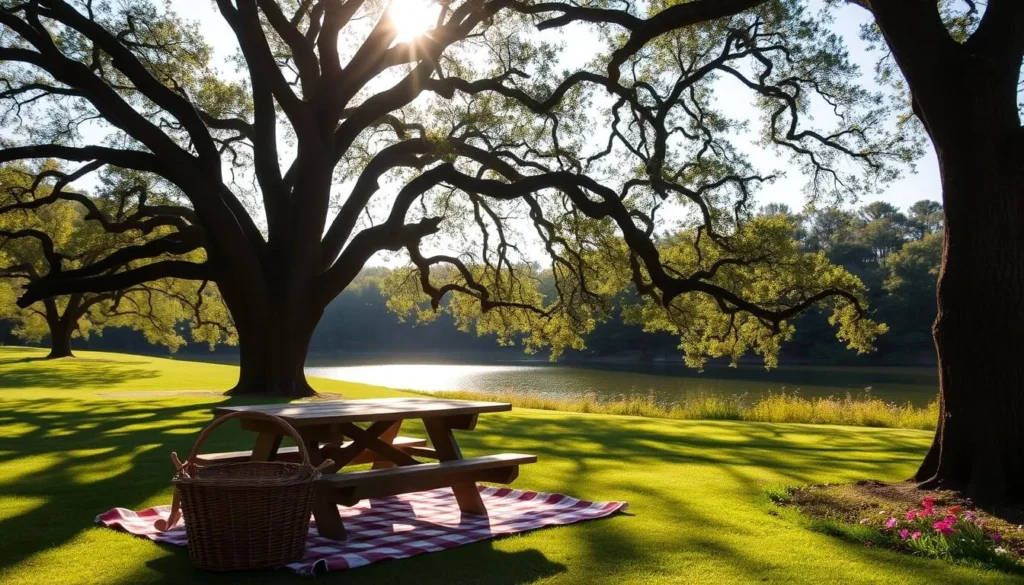A tranquil picnic area nestled in the lush greenery of Mammoth Spring State Park. A wooden picnic table sits invitingly beneath the dappled shade of towering oak trees, their branches swaying gently in the warm breeze. In the foreground, a wicker picnic basket and a checkered blanket create a cozy, rustic scene. The middle ground features a well-manicured lawn, dotted with vibrant wildflowers. In the distance, the sparkling waters of the spring-fed lake shimmer under the soft, golden light of an afternoon sun. The overall atmosphere radiates a sense of peaceful relaxation, perfect for an idyllic picnicking experience.
