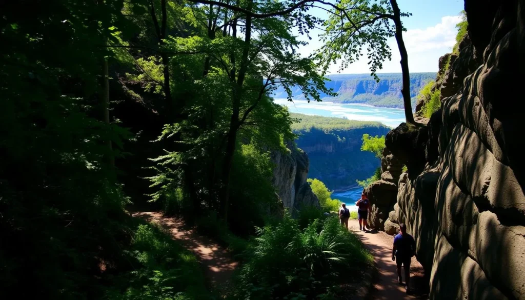 A tranquil scene along the Niagara Gorge Trails, with lush greenery and towering rock formations flanking a winding path. Dappled sunlight filters through the canopy, casting a warm, natural glow over the scene. In the distance, glimpses of the rushing Niagara River can be seen, its turquoise waters contrasting with the rugged terrain. Hikers and nature enthusiasts explore the trail, immersed in the serene beauty of this stunning natural landscape. The composition captures the essence of the Niagara Gorge, showcasing its captivating geological features and the opportunity for outdoor adventure and discovery.