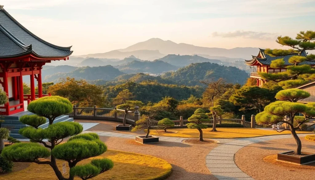 A tranquil scene along the scenic Izu Peninsula coastline. In the foreground, a traditional Japanese temple stands majestically, its ornate architecture and vibrant red accents commanding attention. Surrounding the temple, lush gardens with carefully pruned bonsai trees and neatly raked gravel pathways invite visitors to explore. In the middle ground, rolling hills dotted with verdant forests stretch out, their hues softened by the warm, golden light of the afternoon sun. Distant mountains rise up on the horizon, their peaks shrouded in wispy clouds. The overall atmosphere is one of serene, timeless elegance, capturing the essence of Japan's rich historical and cultural heritage.