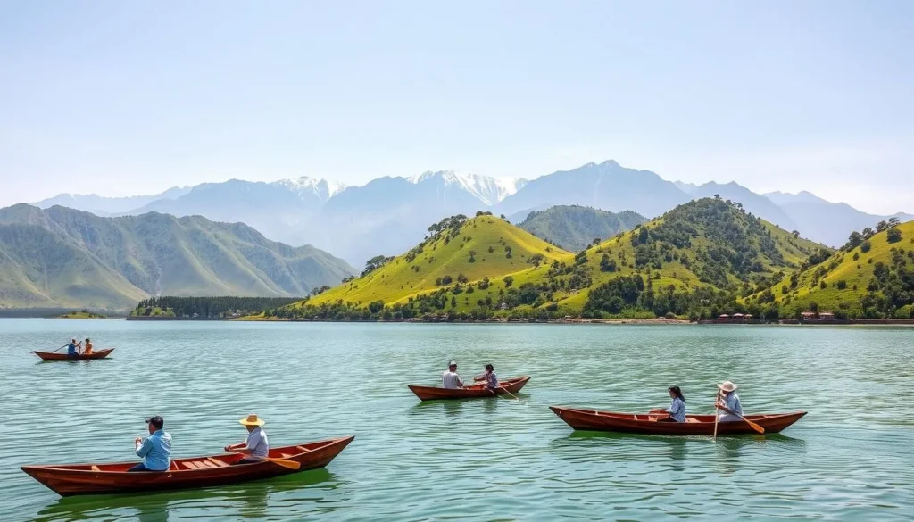 A tranquil scene at Duolun Lake, China, on a sunny day. In the foreground, people leisurely paddle traditional wooden boats across the still, jade-green waters. In the middle ground, lush, verdant hills rise gently, their slopes dotted with clusters of pine trees. The background features a magnificent mountain range, its snow-capped peaks reaching towards a clear, azure sky. The lighting is soft and natural, casting a warm, golden glow over the entire landscape. The overall mood is one of serenity and natural beauty, inviting the viewer to immerse themselves in the peaceful ambiance of Duolun Lake.
