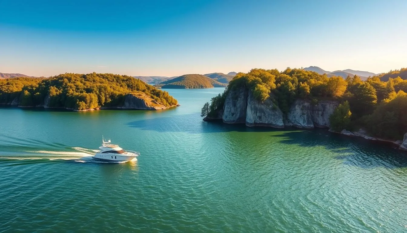 A tranquil scene at Lake Cumberland, Kentucky, showcasing its natural beauty. In the foreground, a small boat glides across the serene, turquoise waters, its gentle wake rippling outwards. The middle ground features lush, verdant shorelines dotted with towering, verdant trees and rocky cliffs, casting soft, warm shadows upon the lake. In the distance, rolling hills and a clear, azure sky create a picturesque backdrop, bathed in the golden glow of the sun's rays. The overall mood is one of peaceful adventure, inviting the viewer to immerse themselves in the serene and captivating landscape.