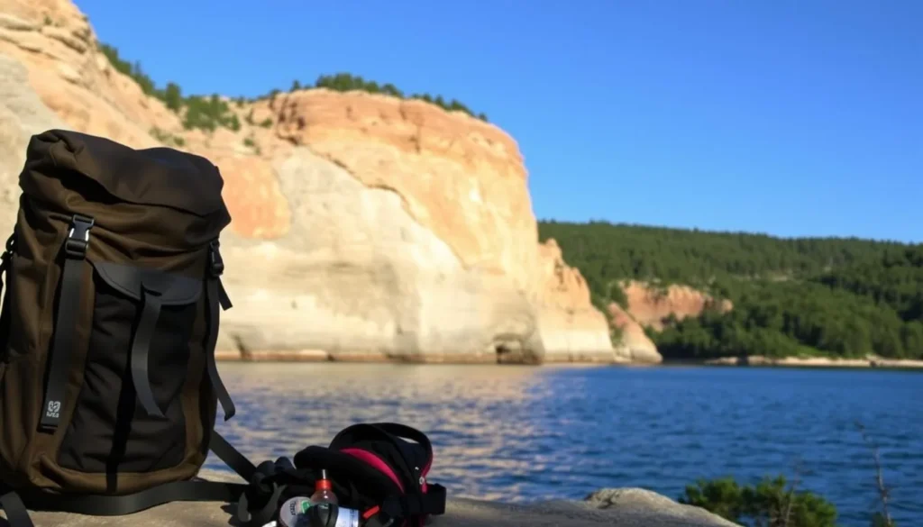 A tranquil scene at Pictured Rocks National Lakeshore, Michigan, captured on a bright, sunny day. In the foreground, a sturdy backpack and essential hiking gear are neatly arranged, ready for an adventurous journey. The middle ground showcases the breathtaking sandstone cliffs, their vibrant colors and intricate patterns reflected in the serene waters of Lake Superior. In the background, lush green forests and a clear, azure sky create a serene and inviting atmosphere, perfectly capturing the essence of this natural wonder. The image conveys a sense of preparedness, exploration, and the beauty of the great outdoors, inspiring viewers to embark on their own Pictured Rocks adventure.