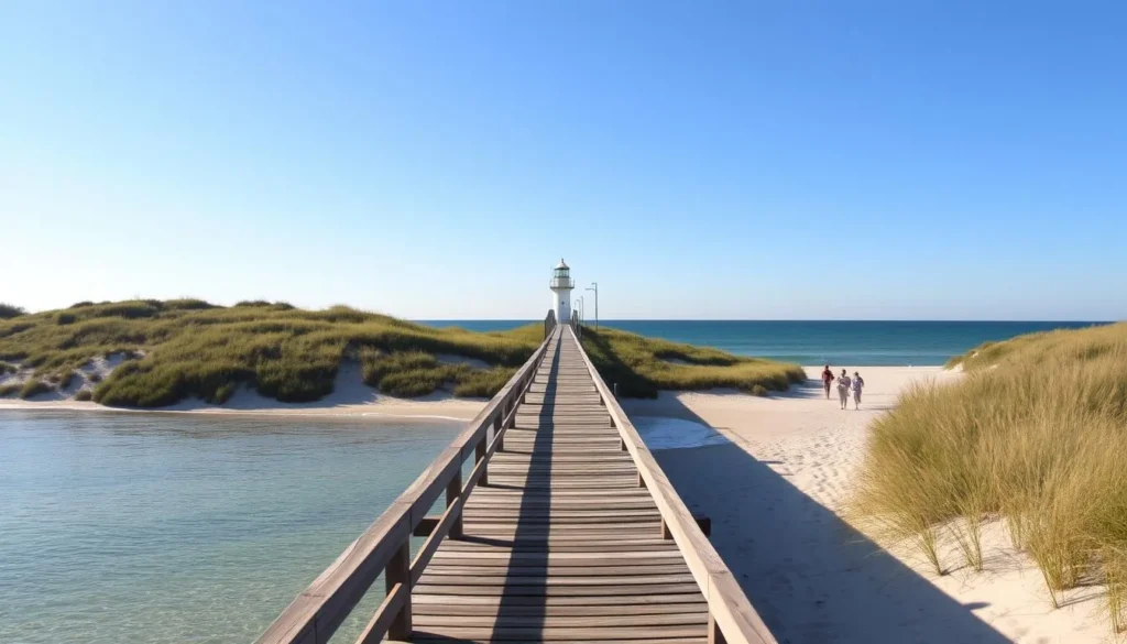 A tranquil scene of Bald Head Island, North Carolina, bathed in warm sunlight. A picturesque wooden pier extends into the calm, azure waters of the Atlantic Ocean, flanked by lush, verdant dunes and swaying sea oats. In the distance, the iconic lighthouse stands tall, its crisp white facade contrasted against the clear blue sky. Beachgoers stroll along the pristine, golden sand, capturing the serene beauty of this coastal paradise. The scene exudes a sense of relaxation and a connection to the natural world, inviting the viewer to immerse themselves in the tranquility of Bald Head Island.