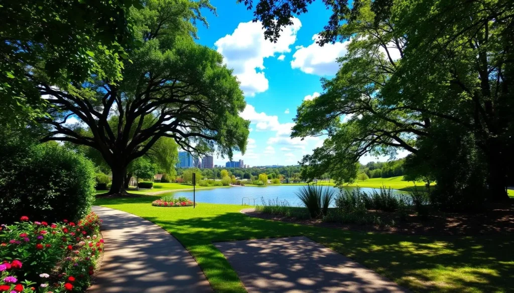 A tranquil scene of Garland Park on a sun-dappled day. In the foreground, a winding path flanked by lush green foliage and vibrant flowers invites exploration. The middle ground reveals a serene pond, its surface reflecting the azure sky and fluffy white clouds overhead. Mature trees dot the landscape, casting gentle shadows and creating a picturesque, peaceful atmosphere. In the background, the silhouettes of buildings and a few distant hills suggest the park's location within the North Texas region, a hidden gem waiting to be discovered.