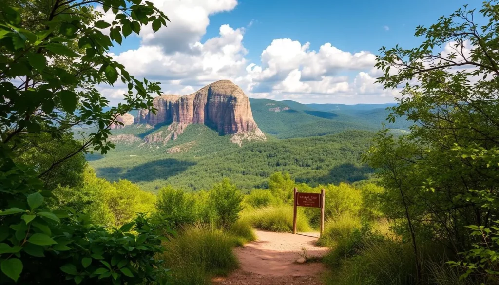 A tranquil scene of Hanging Rock State Park, North Carolina. In the foreground, lush green foliage frames the entrance to a well-trodden hiking trail, inviting visitors to explore. The middle ground features the iconic Hanging Rock formation, its towering cliffs casting dramatic shadows as the sun filters through fluffy white clouds. In the distance, rolling hills and dense forests create a picturesque backdrop, conveying a sense of peaceful seclusion. The lighting is warm and natural, highlighting the park's stunning natural beauty. Capture this scene with a wide-angle lens to showcase the grandeur of the landscape.