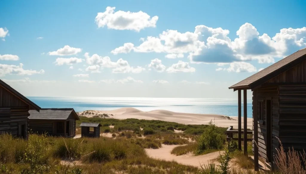 A tranquil scene of Indiana Dunes National Park's historic sites, bathed in warm sunlight. In the foreground, weathered wooden structures stand, echoing the region's pioneer past. The middle ground reveals gently rolling dunes, cloaked in native grasses and wildflowers. In the distance, the serene waters of Lake Michigan glisten, framed by a clear blue sky with fluffy white clouds. The overall atmosphere exudes a sense of timeless serenity, inviting visitors to step back in time and explore the park's rich heritage.