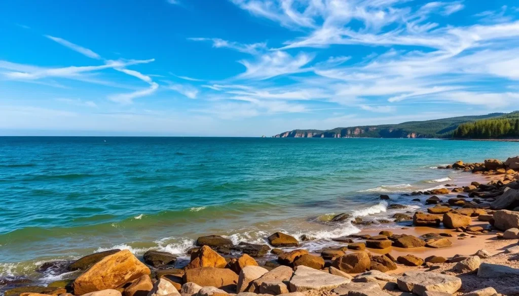 A tranquil scene of Lake Superior on a sunny day, with gently lapping waves caressing the rugged shoreline of Pictured Rocks National Lakeshore. Wispy clouds drift across a brilliant azure sky, casting soft shadows on the emerald-hued waters. In the foreground, sun-dappled rocks and sandy beaches invite visitors to pause and soak in the serene beauty. The middle ground features the iconic multicolored cliffs of Pictured Rocks, their vibrant hues reflected in the calm lake. Distant rolling hills and forests frame the landscape, creating a picturesque vista that captures the essence of the best time to explore this natural wonder.