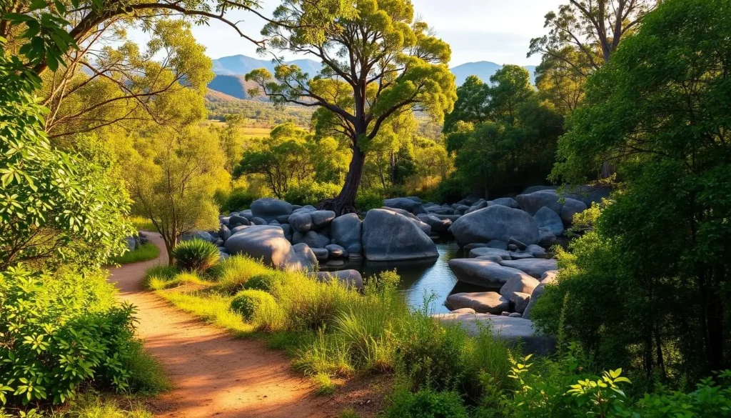 A tranquil scene of Litchfield National Park's natural facilities. In the foreground, a well-maintained hiking trail winds through lush, verdant foliage. In the middle ground, a picturesque swimming hole surrounded by smooth, weathered boulders and shaded by towering trees. The background features rolling hills and distant, hazy mountains bathed in warm, golden sunlight. The overall atmosphere is one of serene, unspoiled beauty, inviting visitors to immerse themselves in the park's stunning natural landscapes.