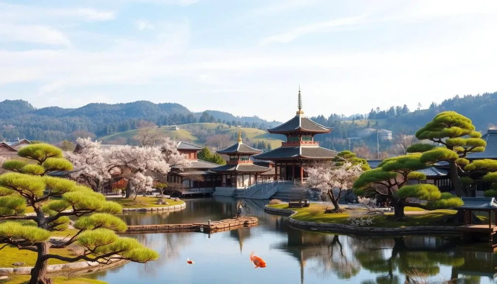 A tranquil scene of Mie Prefecture, Japan, on a picturesque spring day. In the foreground, a traditional Japanese landscape garden with meticulously pruned bonsai trees and a serene koi pond reflecting the azure sky. In the middle ground, a historic temple complex with elegant pagodas and ornate architecture, surrounded by blooming cherry blossoms. In the background, verdant, rolling hills dotted with ancient cedar forests. Warm, soft lighting bathes the scene, creating a sense of timeless beauty and harmony. Capture this weather-savvy destination in a wide, cinematic angle that showcases the region's natural splendor and cultural heritage.