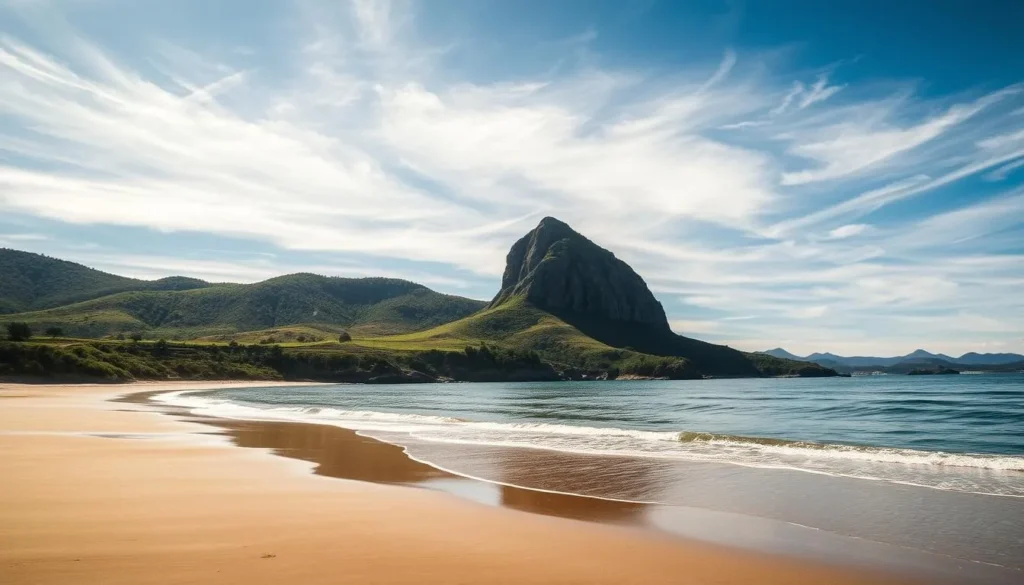 A tranquil scene of Morro Bay State Park, California. In the foreground, a sandy beach stretches along the shore, with gentle waves lapping at the water's edge. Towering over the landscape, the iconic Morro Rock stands tall, its imposing silhouette casting a shadow across the serene bay. The middle ground features lush, verdant hills and trails winding through the park, inviting visitors to explore. In the background, the sky is a brilliant blue, with wispy clouds drifting overhead, creating a serene and peaceful atmosphere. The lighting is warm and golden, casting a soft glow over the entire scene. Capture this picturesque landscape in a wide-angle, cinematic composition that showcases the natural beauty and tranquility of Morro Bay State Park.
