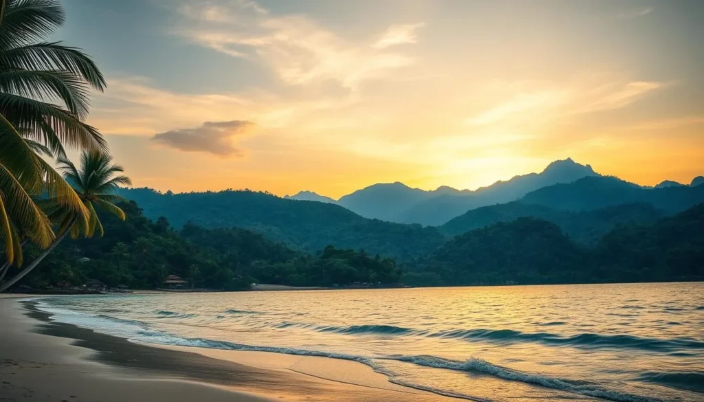 A tranquil scene of Panay Island's stunning natural landscapes. In the foreground, a picturesque beach with swaying palm trees and crystalline waters lapping at the shore. In the middle ground, rolling hills and lush, verdant foliage, with the occasional traditional Filipino house peeking through. In the distance, the silhouettes of majestic mountains against a vibrant, golden sky, illuminated by warm, soft lighting. The overall atmosphere is one of serenity and adventure, inviting the viewer to explore the diverse wonders of this tropical paradise. Capture this idyllic itinerary in a realistic, cinematic style, using a wide-angle lens to showcase the grandeur of the landscape.