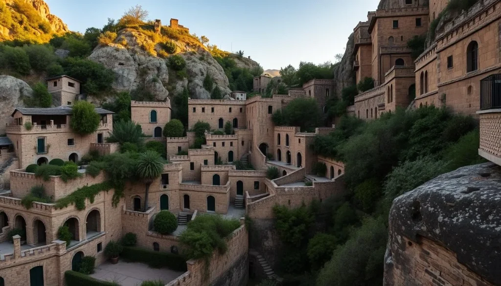A tranquil scene of ancient monk cells nestled in the rugged cliffs of Meteora, Greece. The sun casts a warm glow on the weathered stone walls, casting long shadows across the serene courtyards. Lush, overgrown vegetation cascades down the terraced hillsides, blending the man-made structures with the natural landscape. The cells are arranged in a harmonious, organic layout, each one seemingly carved into the rock face. An air of solitude and contemplation permeates the scene, inviting the viewer to step back in time and imagine the lives of the holy men who once inhabited this remote and sacred place.