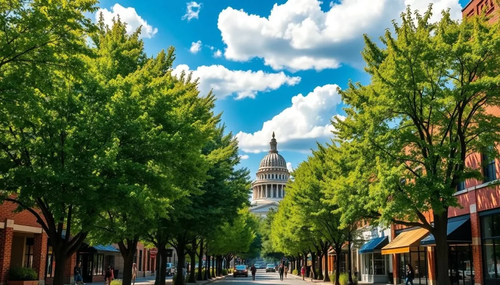 A tranquil scene of downtown Lansing on a warm, sunny day. Vibrant green trees line the streets, casting dappled shadows on the brick buildings and bustling sidewalks below. Pedestrians stroll casually, enjoying the pleasant weather. In the distance, the iconic Michigan State Capitol building stands tall, its domed roof gleaming in the golden light. Fluffy white clouds drift across a brilliant azure sky, creating a serene and inviting atmosphere. The image should be captured with a wide-angle lens to showcase the charming urban landscape in all its glory.