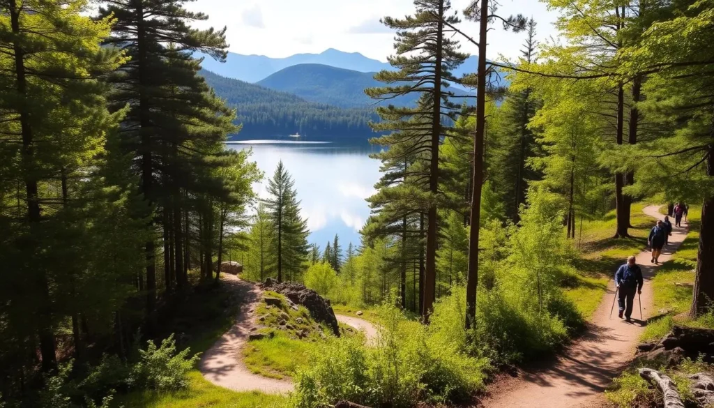 A tranquil scene of hiking trails winding through the lush, verdant forests surrounding the serene waters of Lake Placid. The path meanders along the shoreline, offering breathtaking views of the pristine lake and the majestic Adirondack mountains in the distance. Dappled sunlight filters through the canopy of towering pine and birch trees, casting a warm, natural glow over the landscape. Hikers, clad in outdoor gear, traverse the well-maintained trails, immersed in the beauty and serenity of this picturesque setting. The calm, mirror-like surface of the lake reflects the surrounding scenery, creating a harmonious balance between land and water.