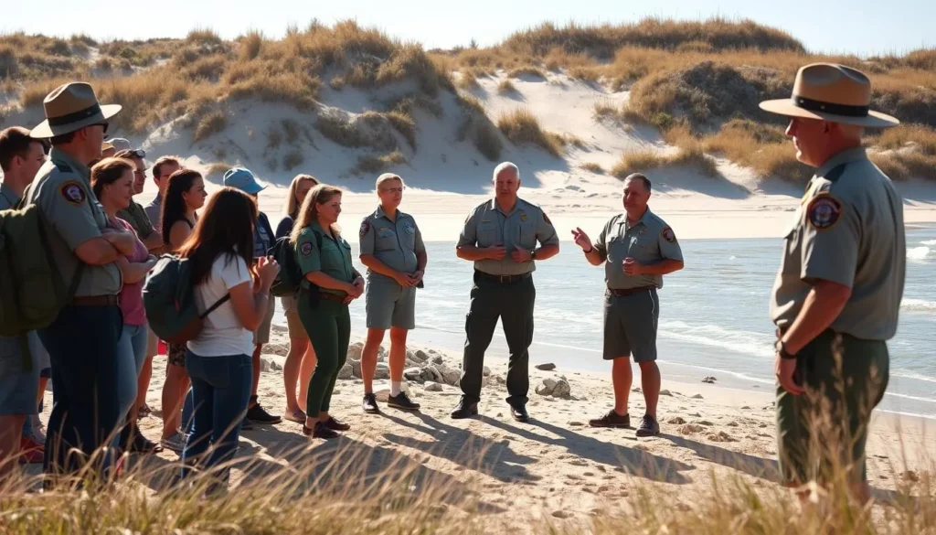 A tranquil scene of the Fire Island National Seashore, where park rangers lead an engaging outdoor program. In the foreground, a group of visitors listen intently as a ranger gestures, sharing their wealth of knowledge about the local flora, fauna, and history. The middle ground showcases the pristine beach and gently lapping waves, while the background features the iconic dunes and coastal vegetation that define this unique natural environment. Warm sunlight filters through, creating a serene and inviting atmosphere that encourages exploration and learning.