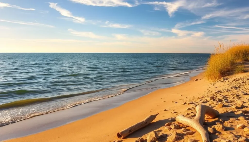 A tranquil scene of the Lake Michigan shoreline on a sunny day. The gently lapping waves caress the sandy beach, with driftwood and smooth stones scattered along the water's edge. In the middle ground, tall grasses and dune vegetation sway softly in the breeze. The background features a panoramic view of the lake, its deep blue waters stretching out to the horizon, where the sky seamlessly blends with the water. Warm, golden sunlight filters through wispy clouds, casting a soft, diffused glow over the entire landscape. Capture the serene beauty and natural essence of this picturesque lakeside setting.