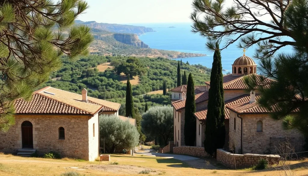 A tranquil scene of the historic monasteries nestled among the rolling hills of Rhodes, Greece. In the foreground, ancient stone buildings with terracotta roofs stand in reverent solitude, their weathered facades casting soft shadows. The middle ground reveals a lush tapestry of olive groves and cypress trees, their verdant hues accentuated by the warm Mediterranean light. In the distance, the rugged coastline and azure waters of the Aegean Sea provide a majestic backdrop, creating a harmonious balance between the spiritual and the natural. The overall mood is one of peaceful contemplation, inviting the viewer to immerse themselves in the timeless serenity of this spiritual haven.