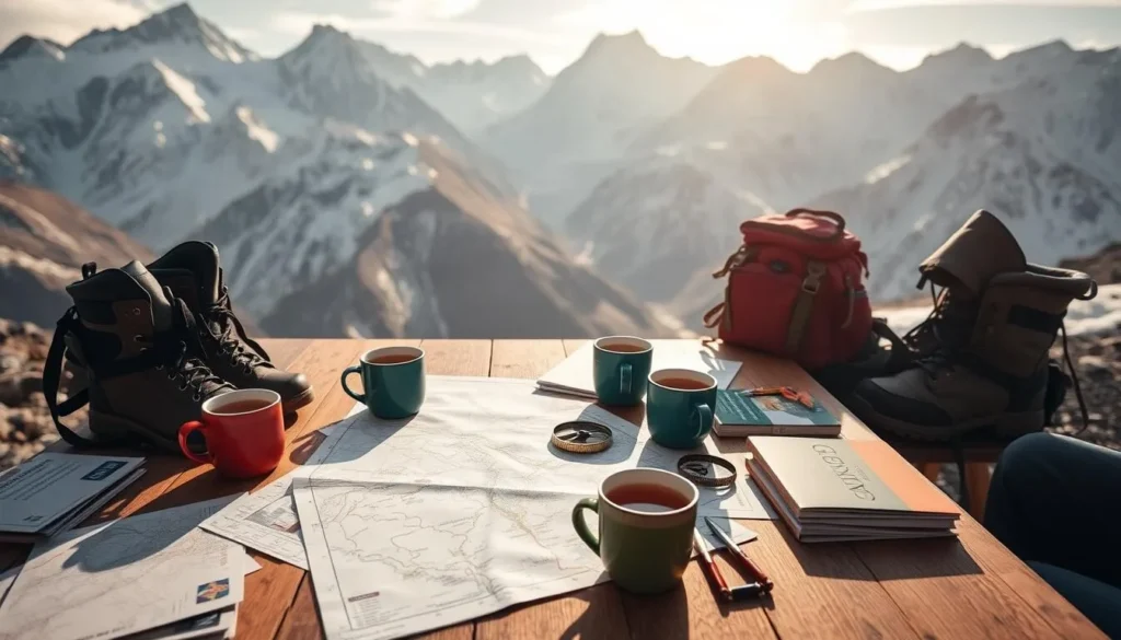 A tranquil scene of travelers planning their Lukla trekking adventure. A wooden table set against a backdrop of snow-capped Himalayan peaks, bathed in warm natural light. Detailed maps, compasses, and travel guides scattered across the surface, alongside steaming mugs of tea. Trekking gear, including hiking boots and backpacks, neatly arranged nearby. Capture the excitement and anticipation of embarking on this iconic Nepalese journey, with a sense of exploration and discovery.