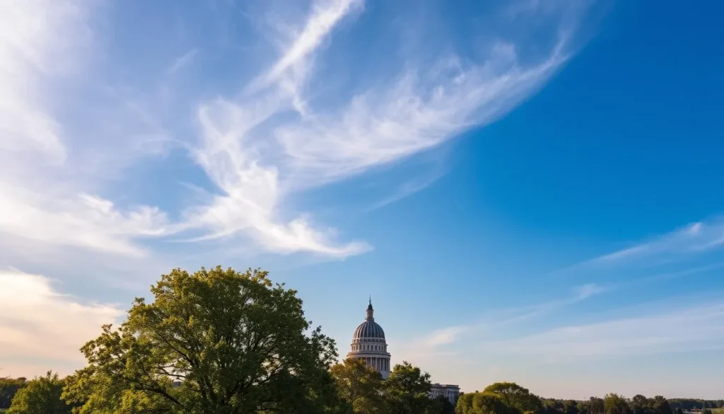 A tranquil scene of wispy cirrus clouds drifting across a bright, azure sky over the city of Lansing, Michigan. Soft, diffused sunlight filters through the fluffy formations, casting a warm, golden glow over the landscape below. In the middle ground, the state capitol building's iconic dome stands tall, its reflection shimmering in a nearby lake. In the foreground, lush green trees sway gently in a light breeze, their shadows dancing across the ground. The overall atmosphere is one of serenity and natural beauty, perfectly capturing the essence of a weather-savvy day in Lansing.