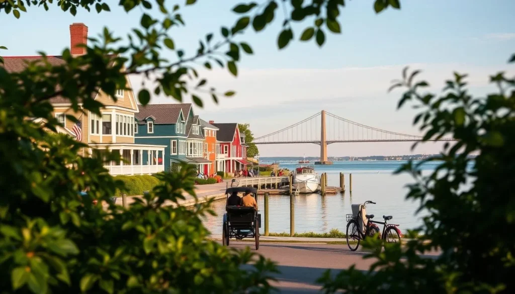 A tranquil scene on Mackinac Island, where horse-drawn carriages and bicycles reign supreme. Lush greenery frames the picturesque Victorian-era buildings, their vibrant colors reflecting in the calm waters of the harbor. A gentle breeze rustles the leaves, creating a serene ambiance. In the distance, the iconic Mackinac Bridge stands as a testament to the island's unique character. The image is captured through a wide-angle lens, conveying a sense of expansive, unhurried exploration. Warm, soft lighting bathes the scene, evoking a timeless, idyllic atmosphere. This is Mackinac Island's car-free paradise, a place where the past and present seamlessly blend, inviting visitors to slow down and savor the island's distinctive charm.