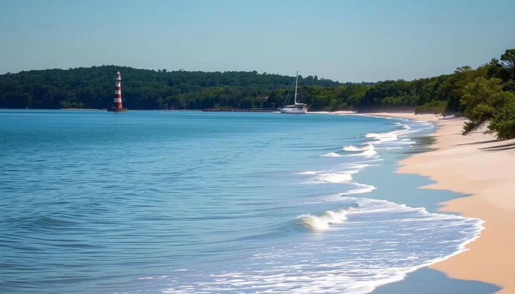 A tranquil seascape of Saint Catherines Island, Georgia, basking in the warm glow of a sun-dappled day. The lush, verdant forests along the shore give way to a pristine, sandy beach, where gentle waves caress the shoreline. In the distance, the silhouette of the island's historic lighthouse stands tall, guiding ships through the serene waters. The scene exudes a sense of unspoiled natural beauty, inviting exploration and discovery of this hidden gem along the Georgia coast.