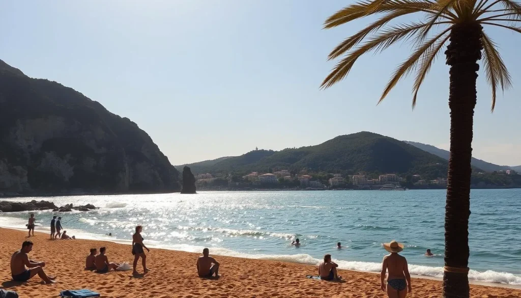 A tranquil seaside paradise unfolds, where the Adriatic Sea caresses the golden shores of Albania. In the foreground, sun-kissed beachgoers bask in the warm glow, their silhouettes casting long shadows on the glistening sand. Towering cliffs rise in the middle ground, their rugged beauty juxtaposed with the serene waters below. Farther in the distance, picturesque coastal villages nestle amidst lush, verdant hills, their terracotta roofs glowing under the soft, diffused light of a golden afternoon. The air is infused with the salty tang of the sea and the gentle rustling of swaying palm fronds, creating a tranquil, idyllic atmosphere that captures the hidden charm of Albania's enchanting coastline.