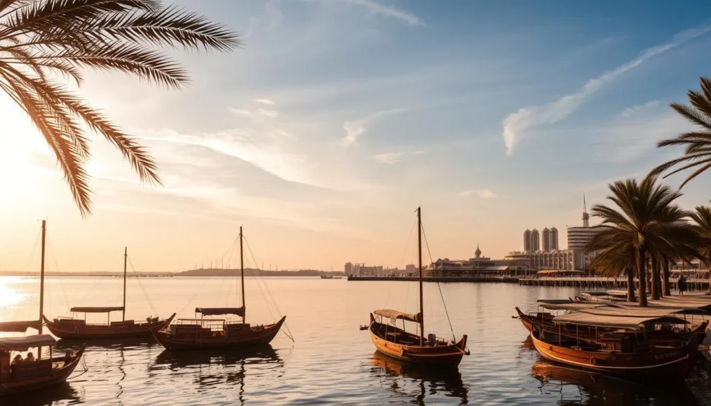 A tranquil seaside scene in Al Khor, Qatar, during the golden hour. Warm sunlight filters through wispy clouds, casting a soft, dreamy glow over the picturesque harbor. In the foreground, traditional dhow boats gently sway in the calm waters, their wooden hulls reflecting the vibrant hues of the sky. Clusters of palm trees sway in the gentle breeze, framing the serene landscape. In the distance, the majestic Qatari coastline stretches out, with the iconic Corniche promenade and elegant architecture visible on the horizon. The overall atmosphere exudes a sense of peaceful tranquility, inviting visitors to bask in the natural beauty of this enchanting coastal town.