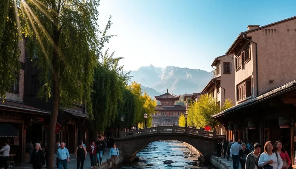 A tranquil street in the ancient town of Lijiang, with traditional Naxi architecture lining both sides. Sunlight filters through the lush canopy of trees, casting a warm, golden glow over the scene. In the foreground, locals and visitors stroll leisurely, admiring the intricate wooden facades and intricate stone bridges that cross a gently flowing stream. In the middle ground, a historic pagoda or temple rises majestically, its ornate roof tiles gleaming. In the background, the rugged, snow-capped peaks of the Jade Dragon Snow Mountain create a breathtaking natural backdrop, hinting at Lijiang's rich cultural and geographic heritage.