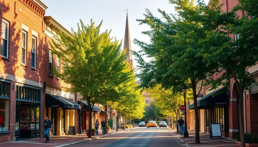 A tranquil street in the historic downtown of Martinsburg, West Virginia, bathed in warm, golden afternoon light. Quaint brick and stone buildings line the sidewalks, their facades adorned with charming architectural details. Lush, verdant trees cast dappled shadows, creating a serene and inviting atmosphere. A few locals stroll leisurely, stopping to admire the local boutiques and cafes. In the distance, the spire of an old church rises, adding to the timeless, nostalgic feel of this hidden gem. The scene exudes a sense of small-town charm and unhurried contentment, capturing the essence of Martinsburg's overlooked treasures. A tranquil street in the historic downtown of Martinsburg, West Virginia, bathed in warm, golden afternoon light. Quaint brick and stone buildings line the sidewalks, their facades adorned with charming architectural details. Lush, verdant trees cast dappled shadows, creating a serene and inviting atmosphere. A few locals stroll leisurely, stopping to admire the local boutiques and cafes. In the distance, the spire of an old church rises, adding to the timeless, nostalgic feel of this hidden gem. The scene exudes a sense of small-town charm and unhurried contentment, capturing the essence of Martinsburg's overlooked treasures.
