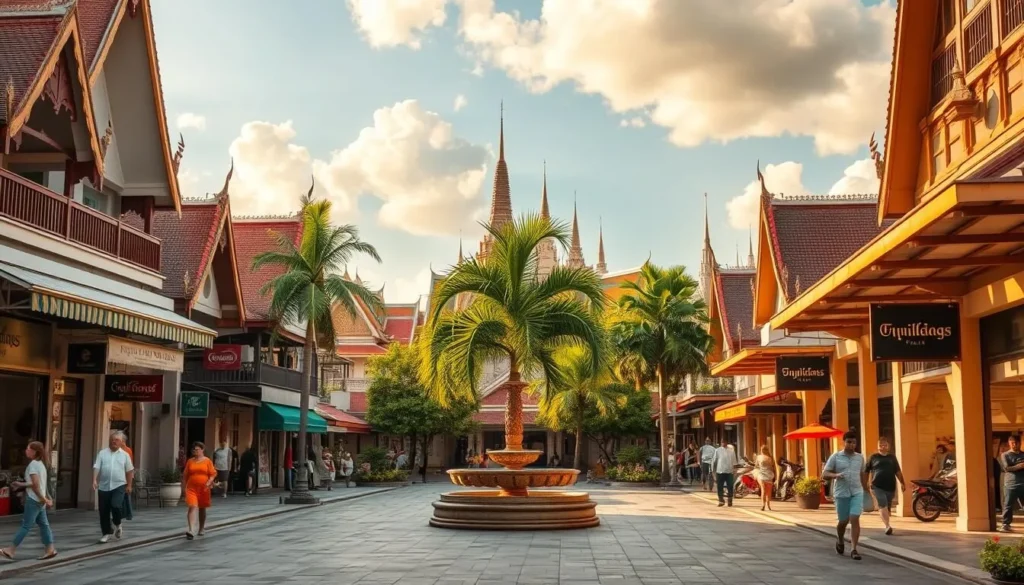 A tranquil streetscape in Samut Prakan, Thailand, basking in the warm glow of the afternoon sun. Quaint shop fronts and colorful awnings line the bustling sidewalks, with locals and visitors strolling leisurely past. In the middle ground, a neatly manicured public square features a decorative fountain and lush, swaying palm trees. The background showcases the distinctive roofs and spires of historic temples and buildings, creating a picturesque and authentic Thai atmosphere. Capture the vibrant energy and cultural charm of this charming provincial town, perfect for planning an immersive travel experience.