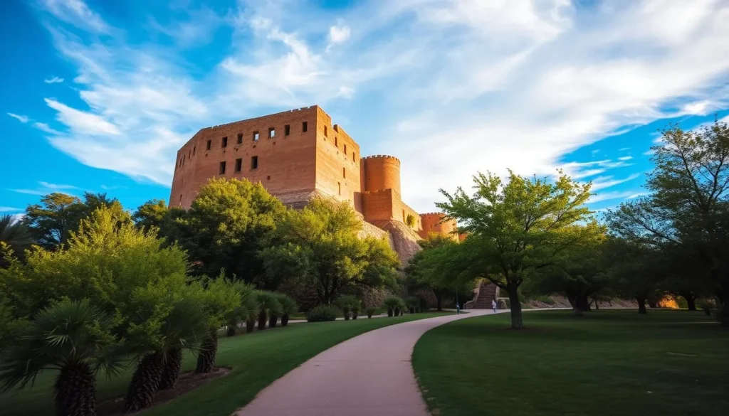 A tranquil summer afternoon at Montezuma Castle National Monument in Arizona. The ancient five-story limestone dwelling stands tall against a vibrant azure sky, surrounded by lush green foliage. Warm, diffused sunlight bathes the scene, casting soft shadows across the weathered walls. In the foreground, a path winds through the well-maintained grounds, inviting visitors to explore the historic site. The serene atmosphere and picturesque landscape create an inviting atmosphere, setting the stage for an enjoyable visit to this iconic southwestern landmark.