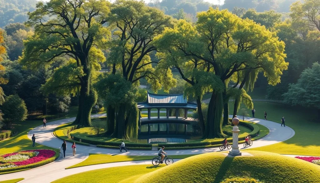 A tranquil, sun-dappled afternoon in Shenzhen Bay Park, where lush greenery and gently flowing waters converge. Capture the serene footpaths winding through the landscape, flanked by towering trees and vibrant flower beds. In the middle ground, a picturesque pavilion stands, its elegant architecture reflected in the still pond. Joggers and cyclists leisurely navigate the scene, while families and friends gather on the grassy knolls, basking in the warm, golden light. Showcase the harmonious blend of nature and urban elements, creating a calming, inviting atmosphere that embodies the tranquil oasis of Shenzhen's beloved park.