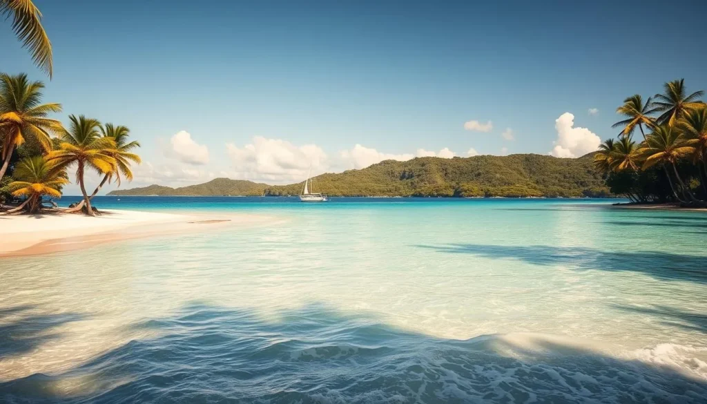 A tranquil, sun-dappled coastline on La Parguera Island, Puerto Rico. Turquoise waters lap gently against pristine, white sand beaches. Palm trees sway in the gentle breeze, casting soft shadows on the shore. In the distance, lush, verdant hills rise up, cradling the island's hidden natural wonders. A lone sailboat glides across the horizon, its sails catching the warm, golden light. The scene exudes a sense of peaceful isolation, inviting exploration of this tropical paradise. Capture the island's serene beauty with a wide-angle lens, showcasing its stunning natural splendor.