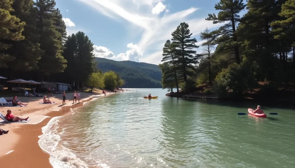 A tranquil, sun-dappled scene at Lake Ouachita's pristine swimming area. Gentle waves lap against a sandy shoreline, inviting visitors to take a refreshing dip. Tall pines line the banks, casting soft shadows across the crystal-clear waters. Families lounge on beach towels, children play in the shallows, and kayakers glide silently by. The warm, golden light filters through wispy clouds, creating a serene and picturesque atmosphere. Capture the essence of summer recreation at this stunning natural oasis in the Ouachita Mountains of Arkansas.