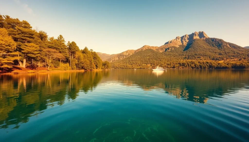 A tranquil, sun-dappled scene of Lake Ouachita, Arkansas' largest and most pristine lake. In the foreground, crystalline waters reflect the lush, verdant shoreline and towering pine trees. The middle ground reveals a fleet of kayaks and fishing boats peacefully gliding across the mirror-like surface. In the distance, rugged, forest-cloaked mountains rise majestically, bathed in warm, golden light. The atmosphere is one of serene, unspoiled natural beauty, inviting exploration and relaxation. Capture this picturesque landscape with a wide-angle lens to convey the scale and grandeur of this hidden gem of the Natural State.
