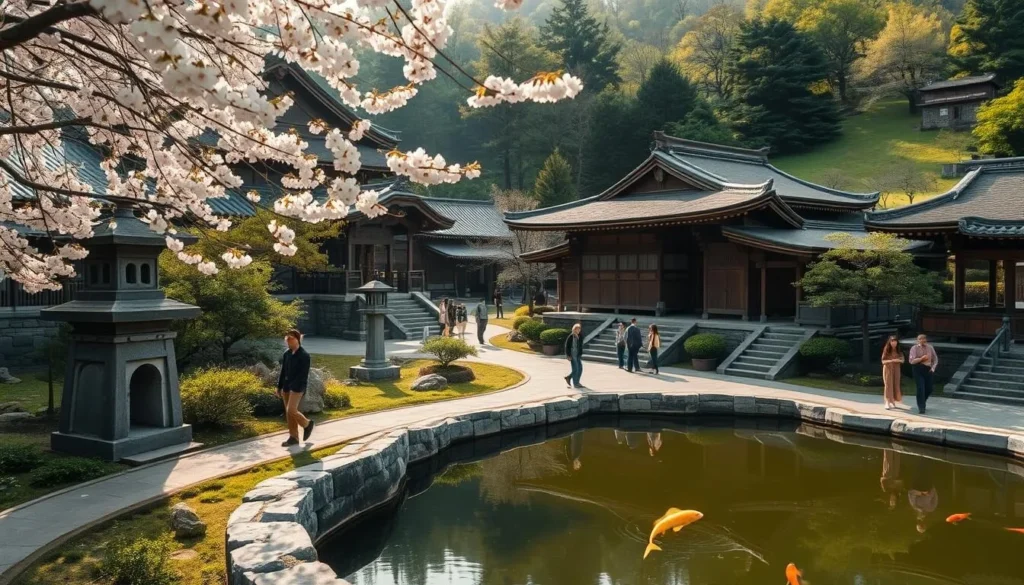 A tranquil temple courtyard nestled in the verdant hills of Yamaguchi, Japan. Sunlight filters through the swaying sakura blossoms, casting a warm glow on the weathered stone pagodas and ornate wooden structures. In the foreground, a serene koi pond reflects the lush greenery and traditional architecture. Visitors stroll along the winding pathways, immersed in the peaceful atmosphere of this off-the-beaten-path cultural gem. The scene exudes a timeless, contemplative ambiance, inviting you to slow down and soak in the beauty of this hidden historical haven.