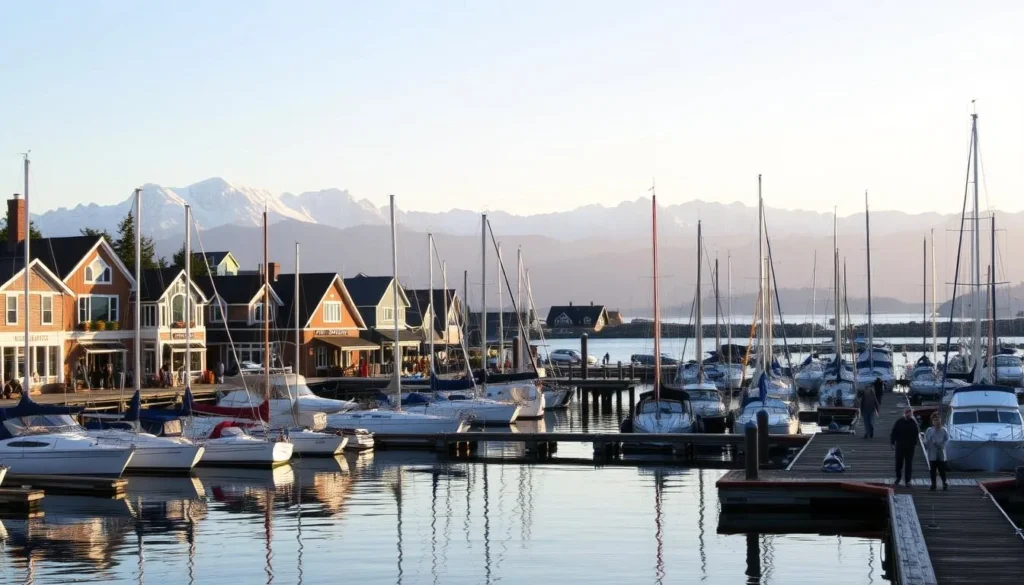 A tranquil waterfront scene in Gig Harbor, Washington, with a picturesque marina showcasing an array of sailboats and yachts gently swaying in the calm waters. The quaint buildings and shops along the shoreline are bathed in warm, golden sunlight, their vibrant colors and charming architectural details creating a cozy, inviting atmosphere. In the background, the majestic, snow-capped peaks of the Olympic Mountains rise majestically, reflecting in the mirror-like surface of the harbor. A few people leisurely stroll along the wooden docks, taking in the serene beauty of this charming coastal town. The overall scene exudes a sense of tranquility and timeless elegance, perfectly capturing the essence of Gig Harbor's captivating waterfront.