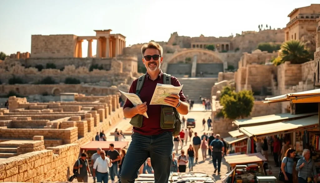 A travel guide standing confidently, holding a map in one hand and gesturing with the other, against the backdrop of Jericho's ancient ruins bathed in warm, golden sunlight. The guide's attire is practical and functional, reflecting their expertise and preparedness. In the middle ground, tourists can be seen exploring the historic site, immersed in the sense of wonder and discovery. The foreground showcases the vibrant local market, with its colorful stalls and bustling activity. An overall atmosphere of adventure, cultural richness, and knowledgeable guidance pervades the scene.