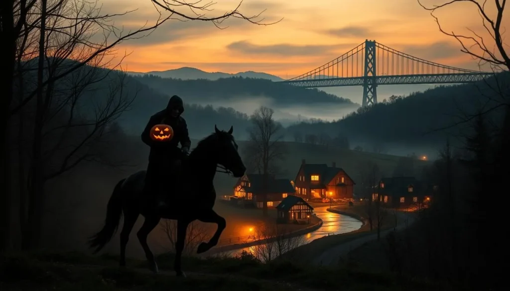 A twilight scene in the sleepy town of Sleepy Hollow, with the iconic Headless Horseman galloping through a misty forest. In the foreground, a dark figure on a black horse emerges from the trees, clutching a carved pumpkin where his head should be. In the middle ground, a quaint colonial-style village nestled among rolling hills, its twinkling lights reflecting on a winding creek. In the background, the looming silhouette of the Tappan Zee Bridge spans the horizon, adding a sense of scale and drama to the tableau. The lighting is moody and atmospheric, with a warm amber glow casting long shadows and a hazy, dreamlike quality.