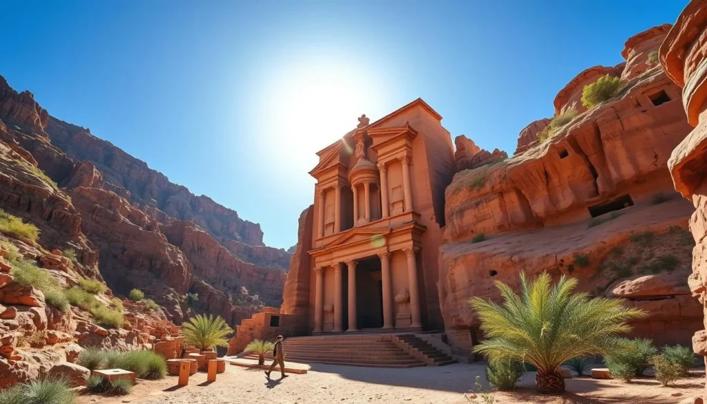 A vast, ancient city carved into rose-hued sandstone cliffs, Petra's majestic ruins stand timeless against a brilliant azure sky. Sunlight dances across towering facades, revealing intricate Nabataean architecture. In the foreground, a solitary figure navigates the iconic Siq, a dramatic natural gorge leading to the iconic Treasury. Surrounding the ruins, rugged mountains rise, their weathered slopes blanketed in lush, verdant foliage. A serene, almost mystical atmosphere pervades the scene, inviting exploration of this legendary lost city.