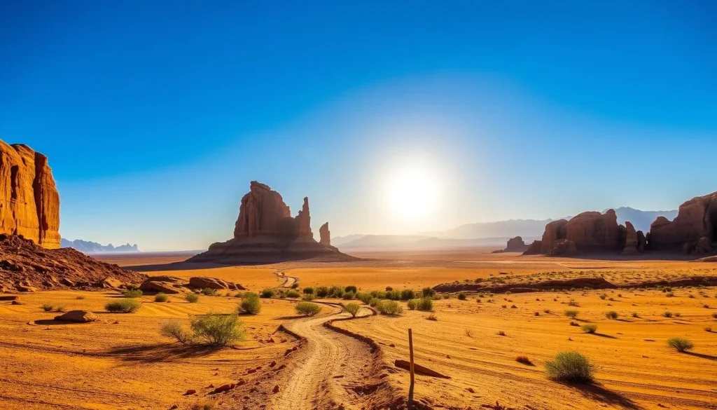 A vast and expansive desert landscape, the Wadi Rum in Jordan, bathed in the warm glow of the afternoon sun. Towering sandstone formations, sculpted by wind and time, rise majestically against a clear, azure sky. In the foreground, a winding path leads through the rugged terrain, inviting exploration. The middle ground is dotted with sparse vegetation, adding a touch of life to the otherwise barren scene. In the distance, the horizon is punctuated by the silhouettes of distant mountains, their peaks casting long shadows across the sand. The overall mood is one of tranquility and solitude, capturing the essence of this captivating desert oasis.