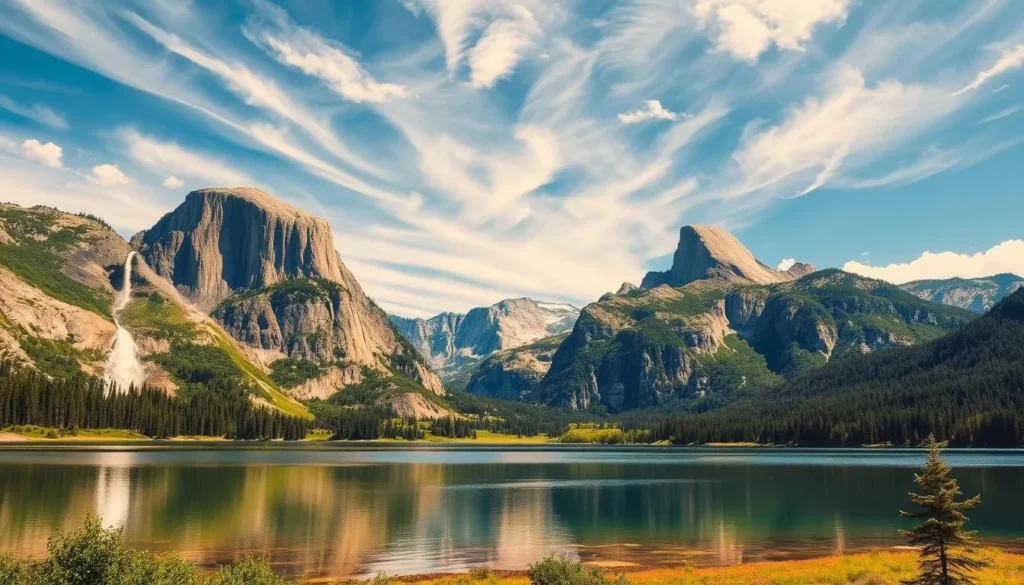 A vast, awe-inspiring landscape of Yosemite National Park, California. In the foreground, a crystal-clear, serene lake reflects the towering granite cliffs and majestic waterfalls cascading down. The middle ground features lush, verdant forests and meadows, dotted with vibrant wildflowers. In the distance, the iconic Half Dome and other granite monoliths rise majestically, bathed in warm, golden light from the sun. Wispy, cumulus clouds drift across a brilliant blue sky, creating a sense of tranquility and wonder. Capture the grandeur, natural beauty, and timeless essence of this remarkable American landmark.