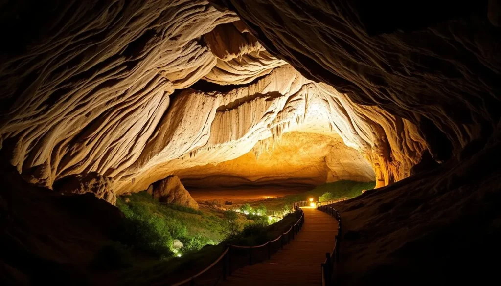 A vast, awe-inspiring underground landscape, the Mammoth Cave System stretches deep beneath the verdant hills of Kentucky. Capture the majesty of towering limestone caverns, their walls sculpted by millennia of flowing water. Bathe the scene in warm, natural lighting that casts long shadows and highlights the intricate cave formations. In the foreground, depict a winding path leading adventurous explorers deeper into this subterranean wonder, conveying a sense of discovery and wonder. In the middle ground, showcase the impressive scale of the cave system, with high ceilings and vast chambers. In the background, subtly hint at the endless depths of this remarkable natural treasure, the world's longest known cave.