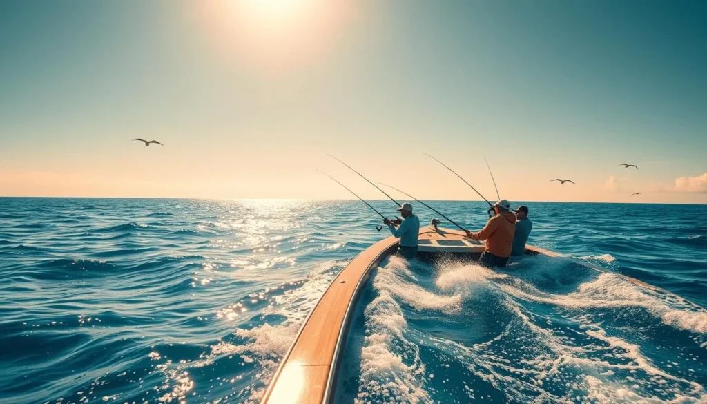 A vast, azure expanse stretches beneath a luminous sky, as a sleek fishing boat glides through the gentle swells. In the foreground, a group of anglers, clad in sun-weathered gear, expertly cast their lines, their intense focus captured in the warm, golden light. The middle ground reveals a school of silvery fish darting through the crystal-clear waters, their movements creating a mesmerizing dance. In the distance, the horizon is dotted with the silhouettes of seabirds soaring effortlessly, completing the serene, cinematic scene. Capture the thrill of deep-sea fishing in the Bahamas, where the lure of adventure and the tranquility of the open ocean converge.