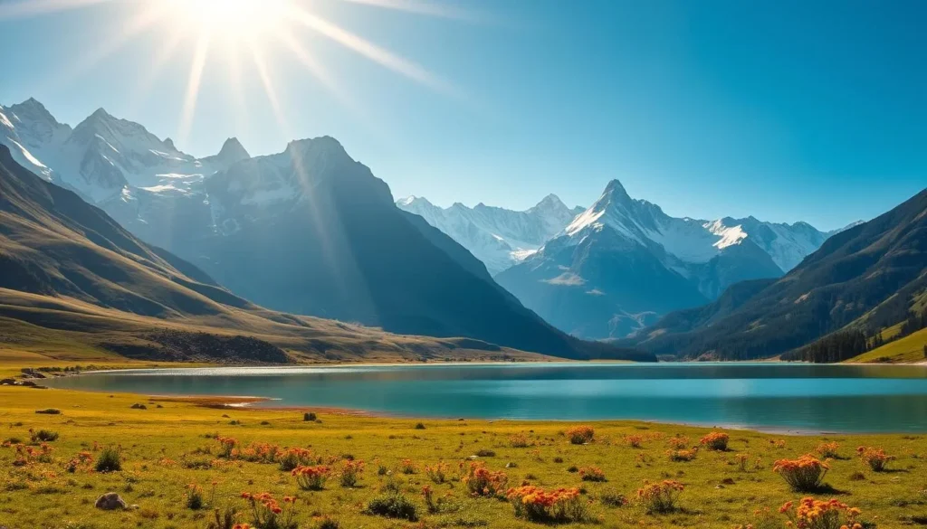 A vast, breathtaking landscape of Kyrgyzstan's celestial mountains, bathed in warm, golden sunlight. In the foreground, a pristine alpine lake reflects the towering, snow-capped peaks surrounding it. The middle ground features lush, verdant meadows dotted with vibrant wildflowers, while the background is dominated by majestic, jagged mountain ranges that seem to pierce the azure sky. The scene exudes a sense of tranquility and awe, capturing the essence of Kyrgyzstan's natural wonder and the grandeur of the "Land of Celestial Mountains". Shoot with a wide-angle lens to emphasize the vast scale and breathtaking vistas.