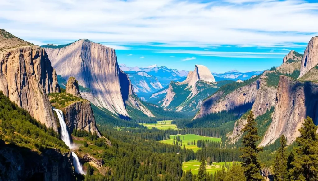 A vast, breathtaking panorama of Yosemite Valley's iconic viewpoints. In the foreground, majestic granite cliffs and cascading waterfalls, bathed in warm, golden sunlight. The middle ground reveals lush, verdant meadows dotted with towering pines and sequoias. In the distance, the iconic Half Dome and other granite monoliths rise majestically against a clear, azure sky. The scene exudes a sense of tranquility and grandeur, inviting the viewer to immerse themselves in the natural wonder of this magnificent landscape. Captured with a wide-angle lens to accentuate the scale and depth of the vista, this image perfectly encapsulates the essence of Yosemite's most awe-inspiring viewpoints.