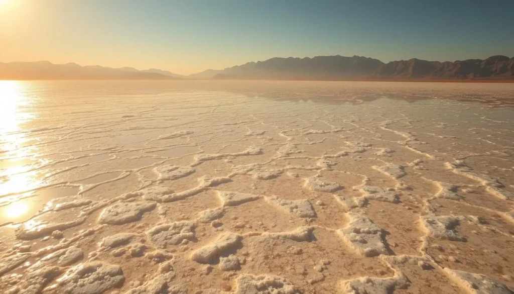 A vast, crystalline expanse of the Dead Sea, its surface shimmering under the warm, golden sunlight. Millions of salt crystals glisten on the shoreline, forming intricate patterns that stretch as far as the eye can see. In the distance, rugged mountains rise, their hazy silhouettes providing a dramatic backdrop to this surreal, otherworldly landscape. The air is heavy with the rich, mineral-laden scent of the saltwater, creating a serene and tranquil atmosphere. A wide-angle lens captures the scale and grandeur of this natural wonder, inviting the viewer to fully immerse themselves in the captivating beauty of the Dead Sea.