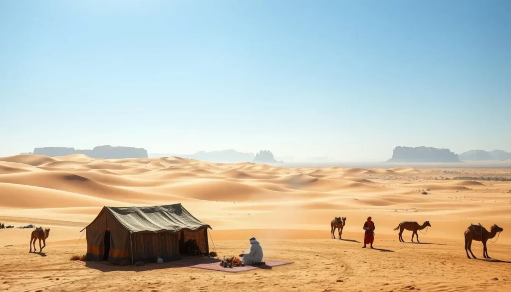 A vast desert landscape, with rolling sand dunes and a cloudless azure sky. In the foreground, a group of Bedouin nomads gathers around a campfire, their traditional garments and woven rugs creating a vibrant cultural tapestry. Camels and horses graze nearby, their presence adding to the authentic, timeless atmosphere. Middle-ground features a weathered Bedouin tent, its intricate textile patterns casting soft, warm shadows. In the background, majestic rock formations and distant, hazy mountains create a stunning, awe-inspiring backdrop. Soft, golden sunlight filters through, imbuing the scene with a serene, magical quality. A vast desert landscape, with rolling sand dunes and a cloudless azure sky. In the foreground, a group of Bedouin nomads gathers around a campfire, their traditional garments and woven rugs creating a vibrant cultural tapestry. Camels and horses graze nearby, their presence adding to the authentic, timeless atmosphere. Middle-ground features a weathered Bedouin tent, its intricate textile patterns casting soft, warm shadows. In the background, majestic rock formations and distant, hazy mountains create a stunning, awe-inspiring backdrop. Soft, golden sunlight filters through, imbuing the scene with a serene, magical quality.