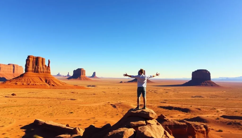 A vast desert landscape with the iconic buttes and mesas of Monument Valley, Utah, under a clear, azure sky. In the foreground, a lone figure stands on a rocky outcrop, his arms outstretched, mirroring the dramatic silhouette of the terrain. Warm, golden light bathes the scene, creating a sense of timelessness and tranquility. The camera angle is slightly elevated, capturing the grandeur of the setting and the solitary figure, who represents the famous "Forrest Gump Point" made iconic by the classic film. The image conveys a sense of wonder, adventure, and the enduring power of this breathtaking natural wonder.